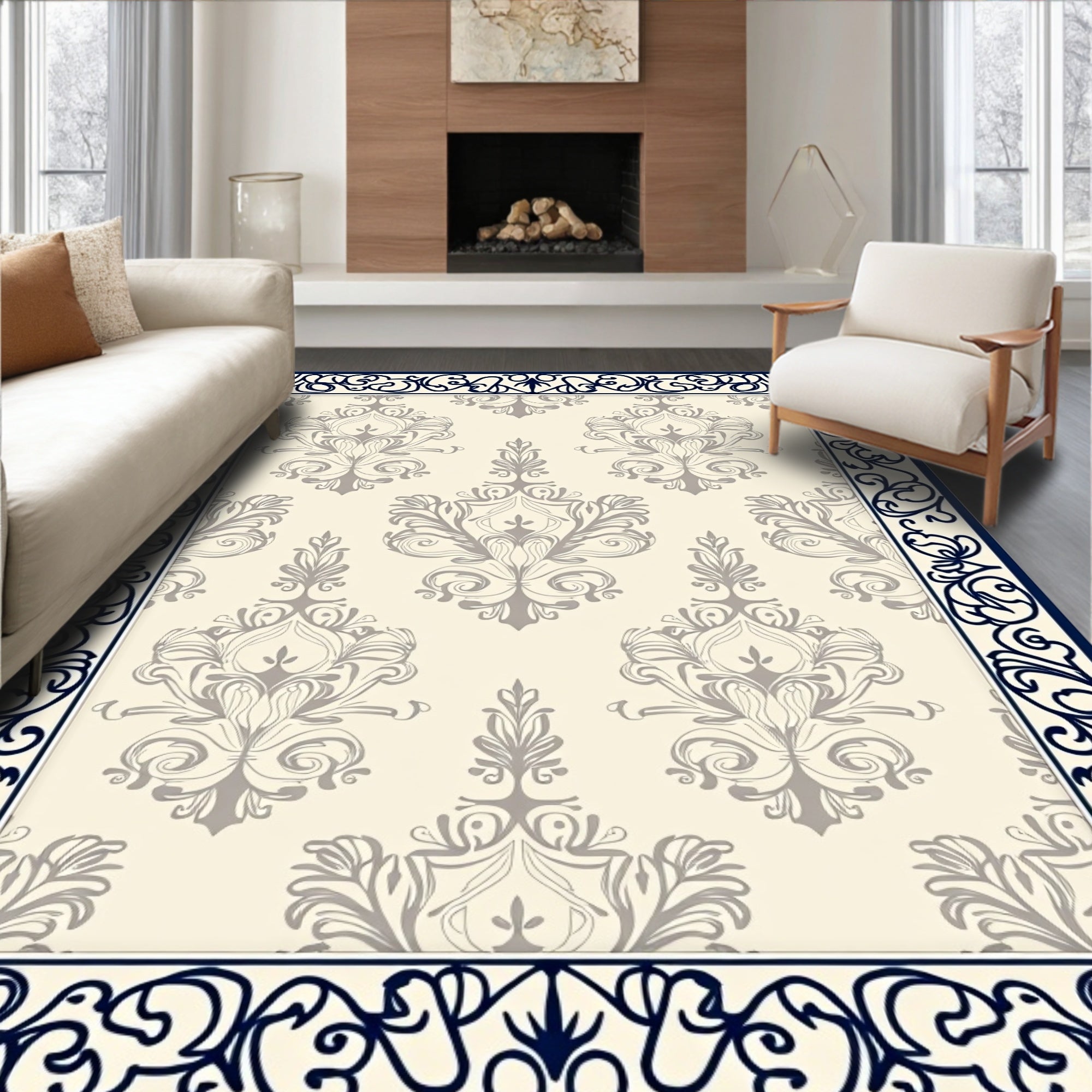 Cream Gray Baroque Damask Scroll Rug