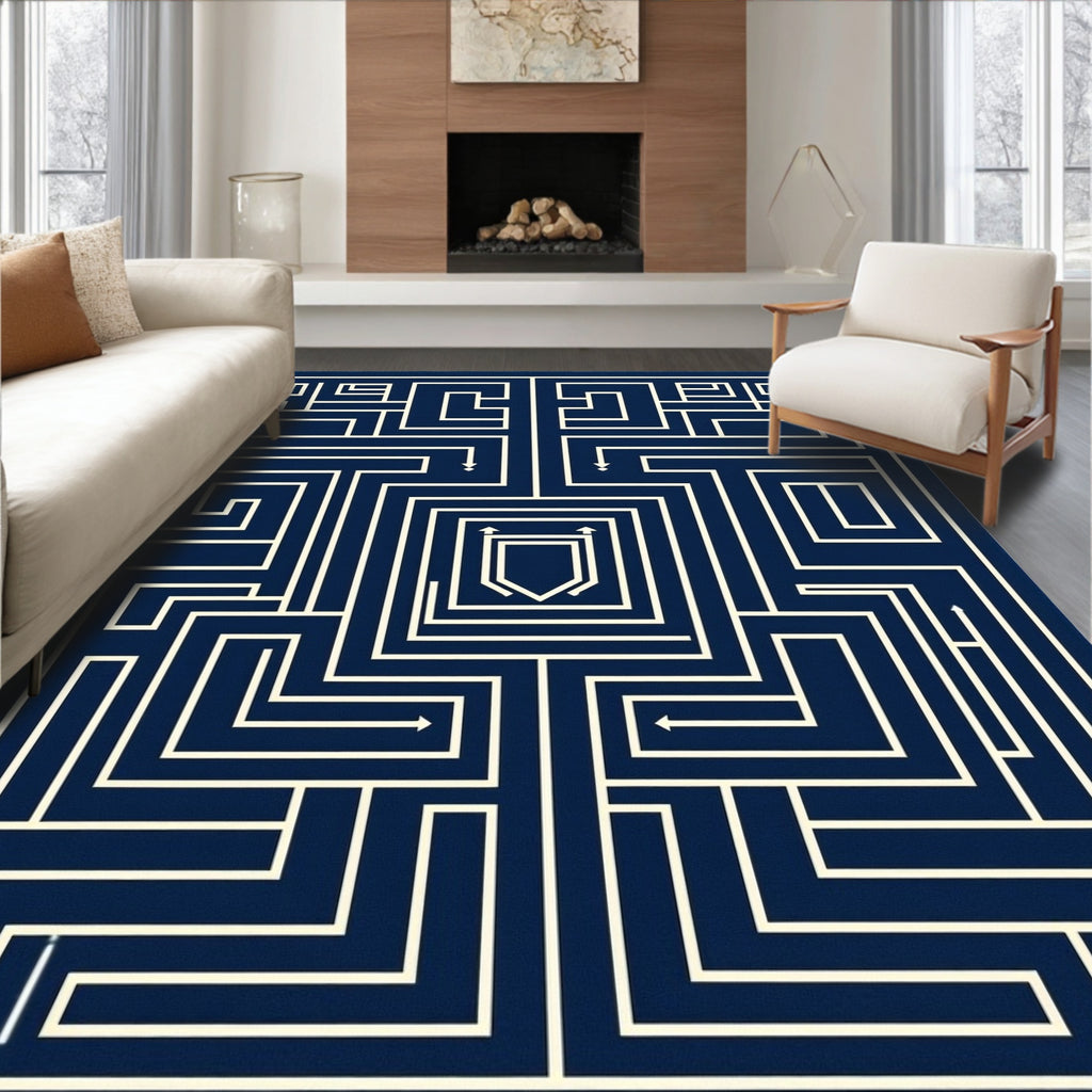 Navy Cream Geometric Maze Shield Rug