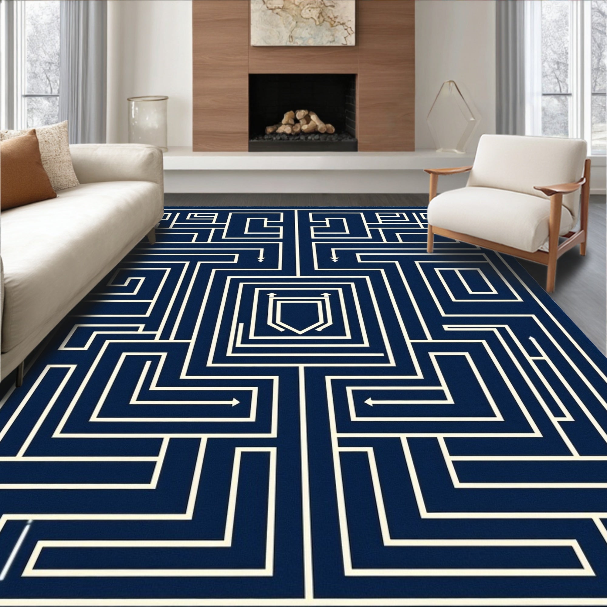 Navy Cream Geometric Maze Shield Rug