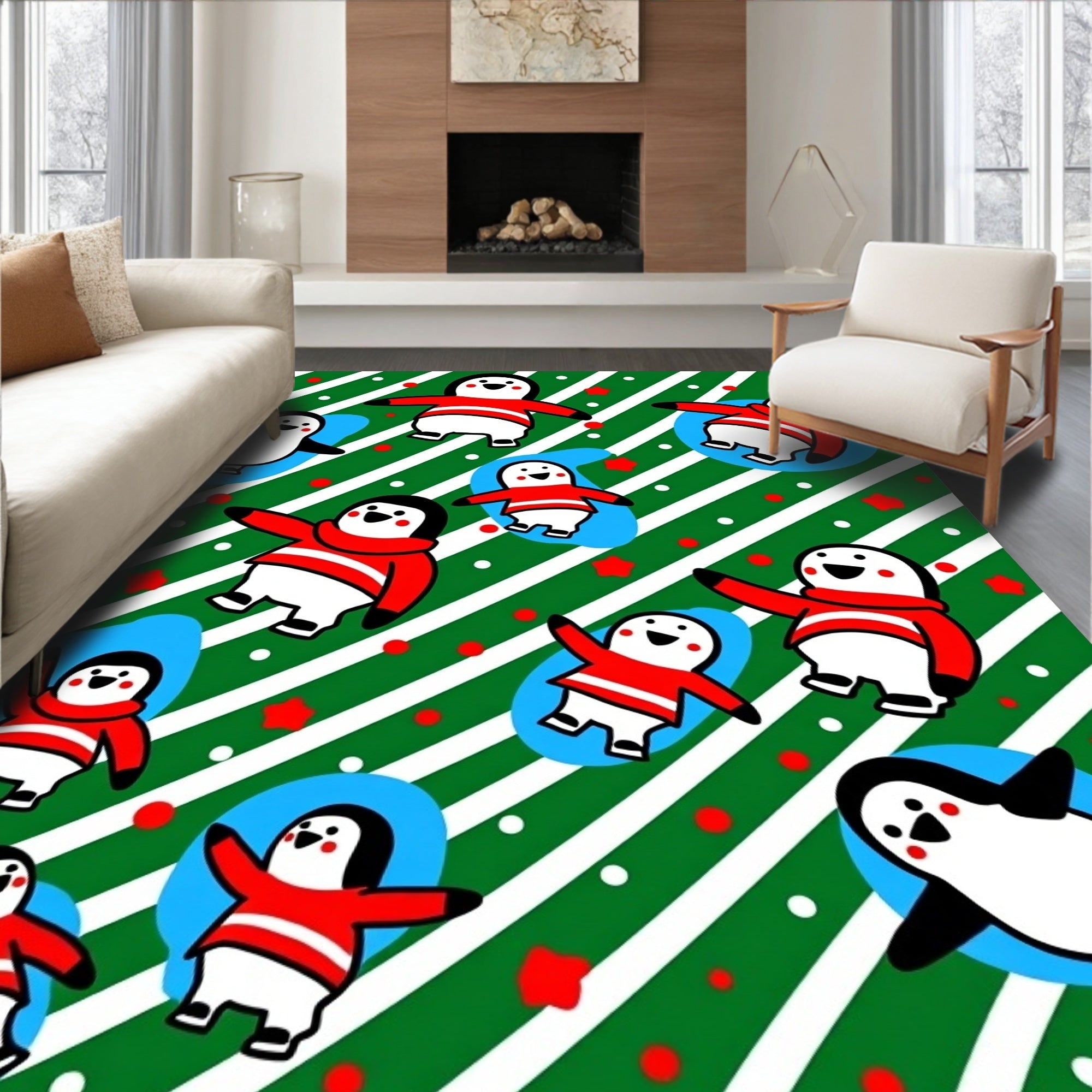 Festive Penguin Holiday Stripes Rug