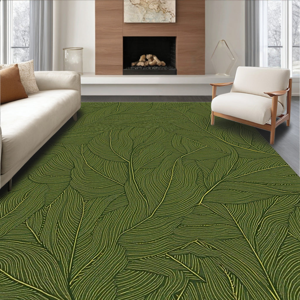 Deep Green Veined Leaf Arrangement Rug