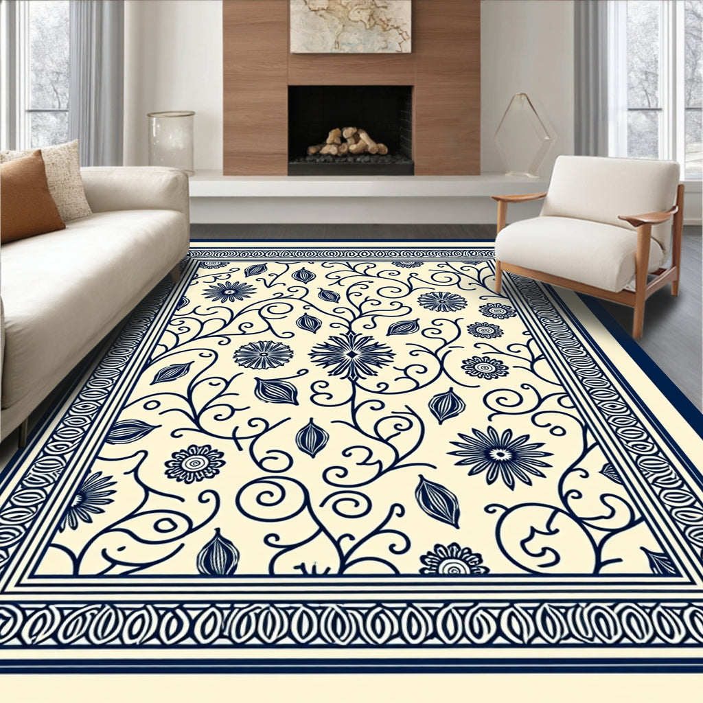 Navy Blue Floral Vine Border Rug