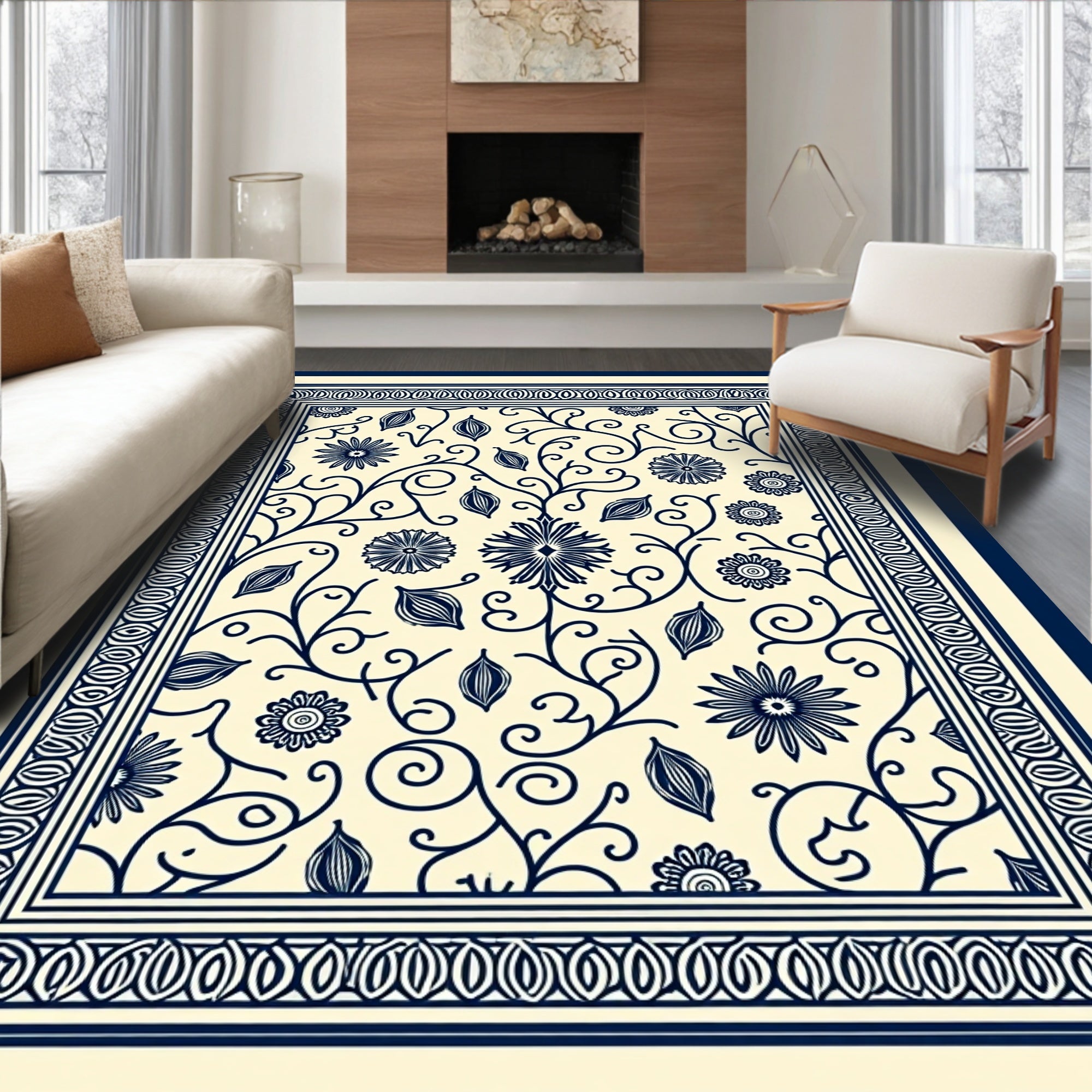 Navy Blue Floral Vine Border Rug