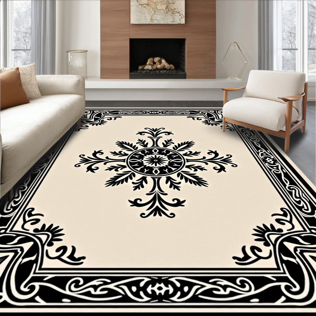 Black and Cream Ornate Floral Medallion Rug
