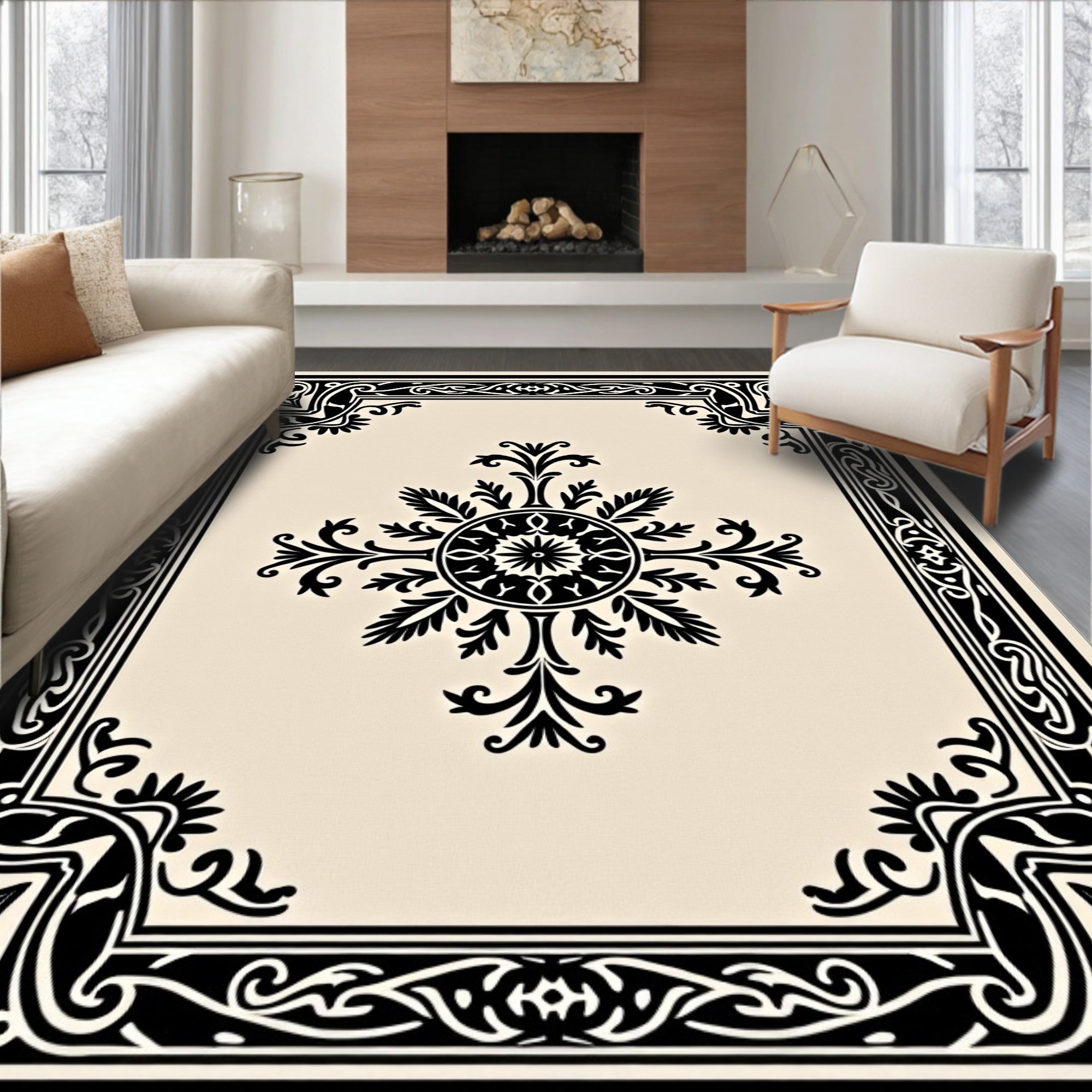 Black and Cream Ornate Floral Medallion Rug