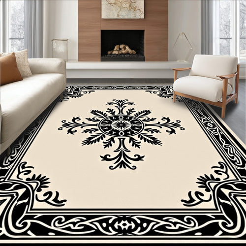 Black and Cream Ornate Floral Medallion Rug