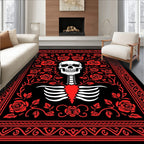 Red Skull Rose Bordered Fabric Rug