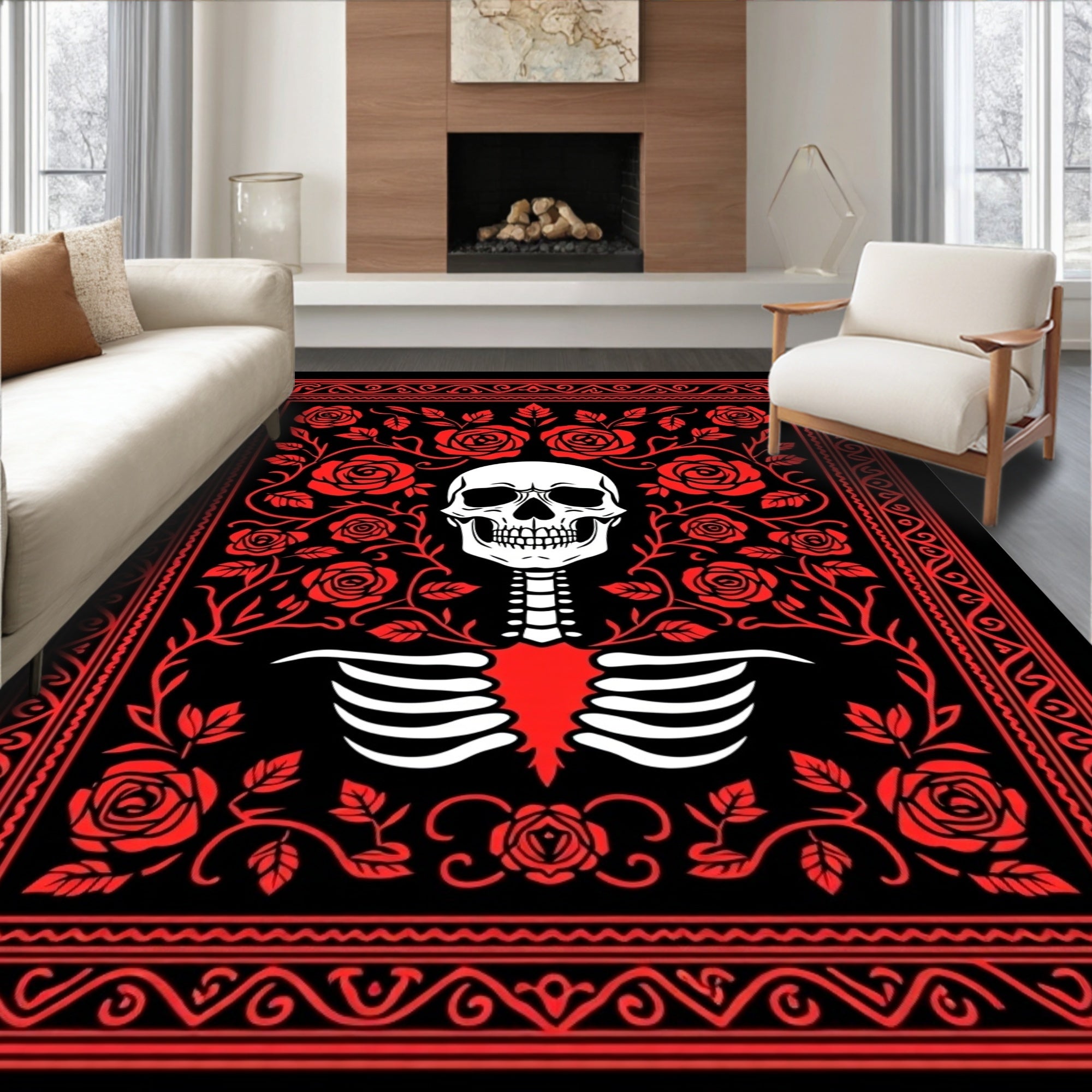 Red Skull Rose Bordered Fabric Rug