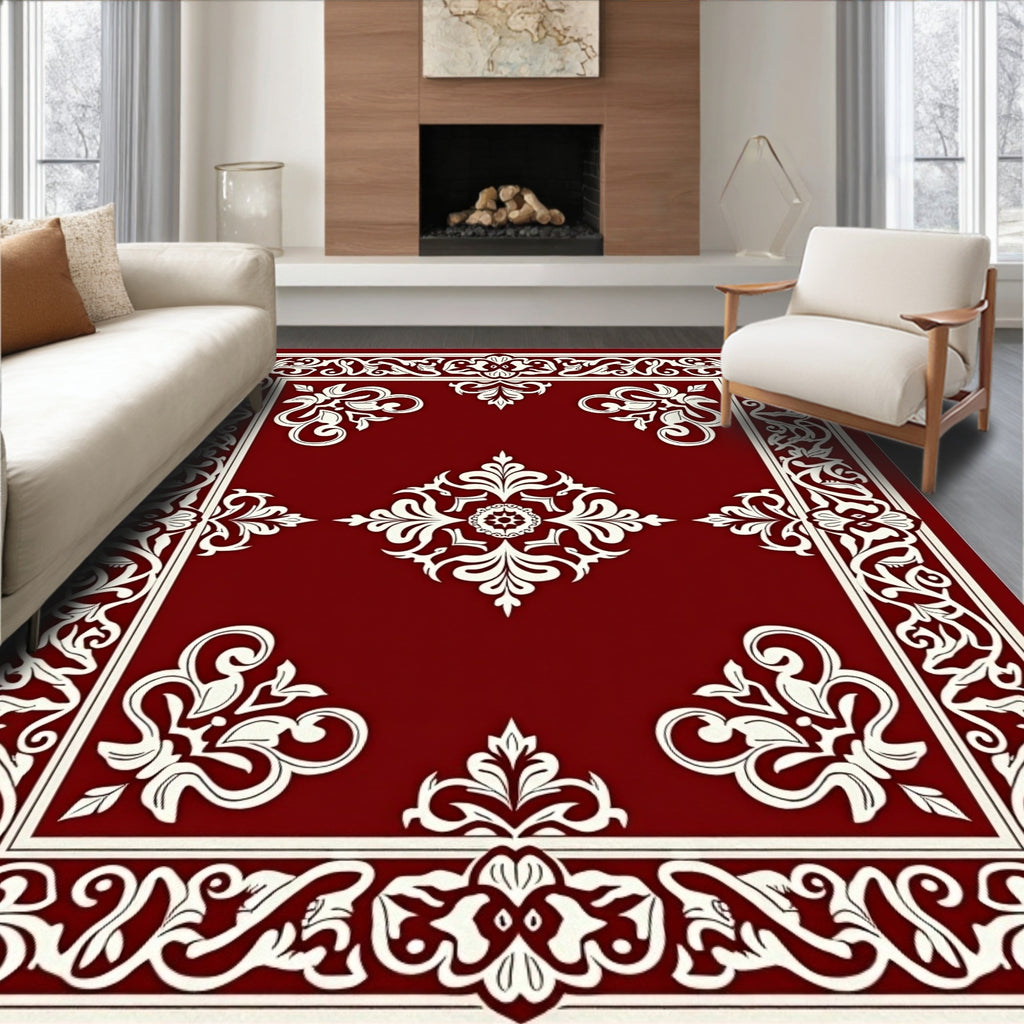 Rich Crimson Ornate Floral Border Rug