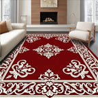 Rich Crimson Ornate Floral Border Rug