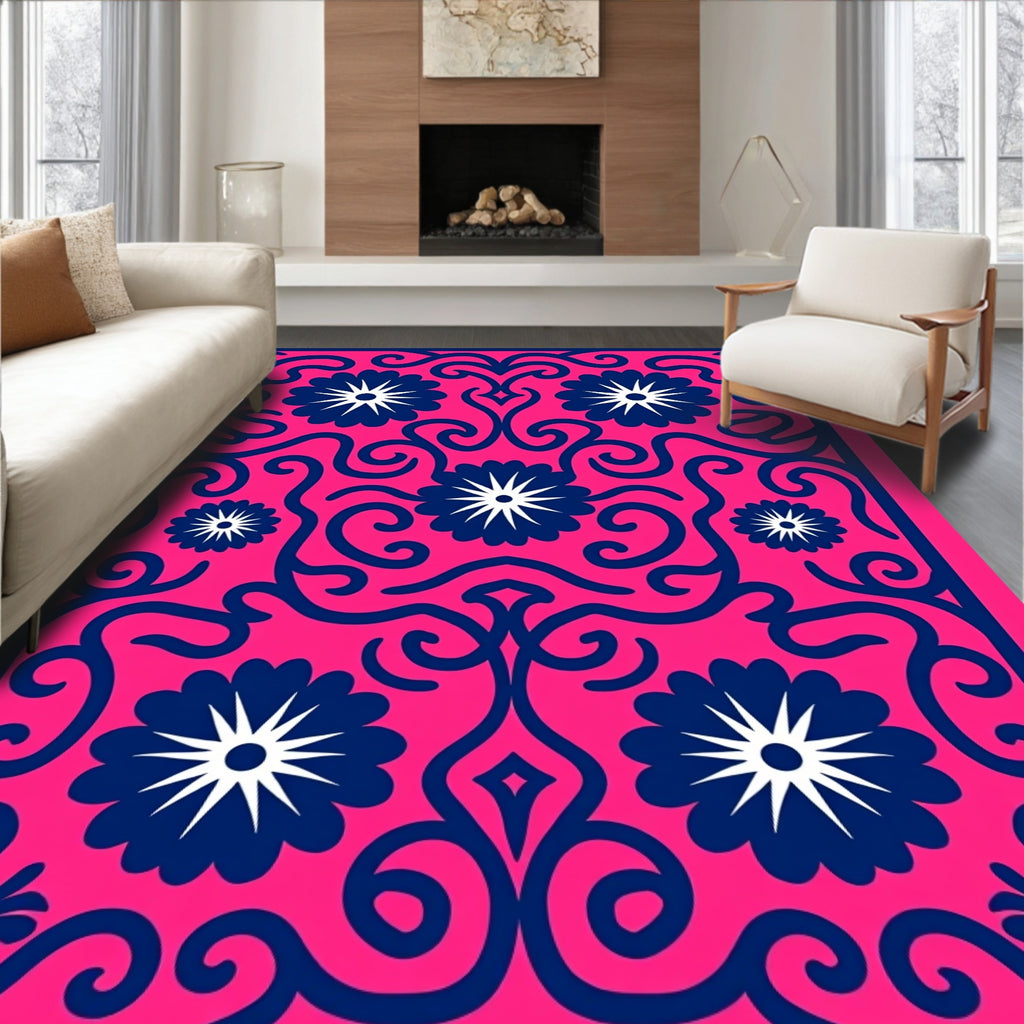 Fuchsia Navy Floral Swirl Medallions Rug