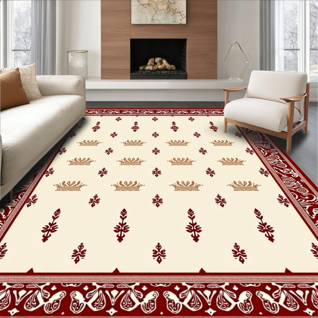 Crimson Cream Ornate Floral Border Rug