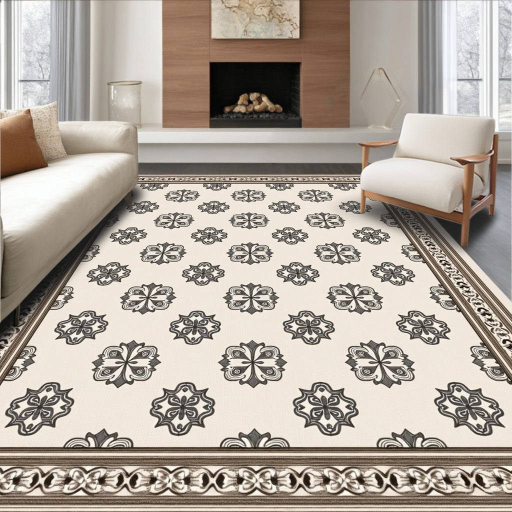 Neutral Cream Scroll Medallion Border Rug