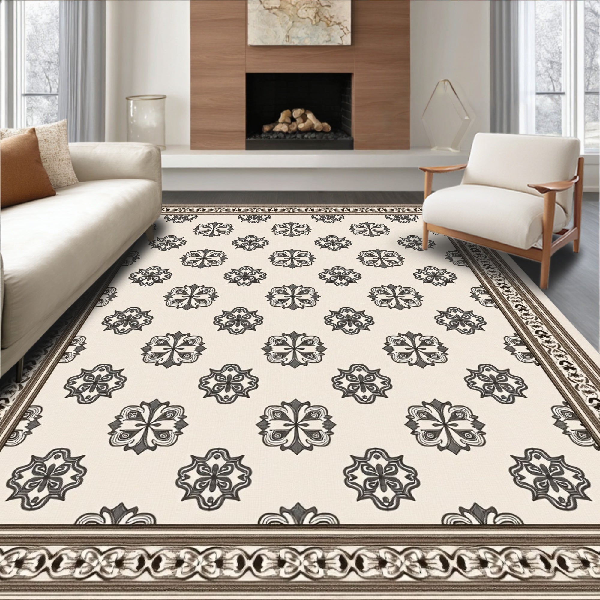Neutral Cream Scroll Medallion Border Rug