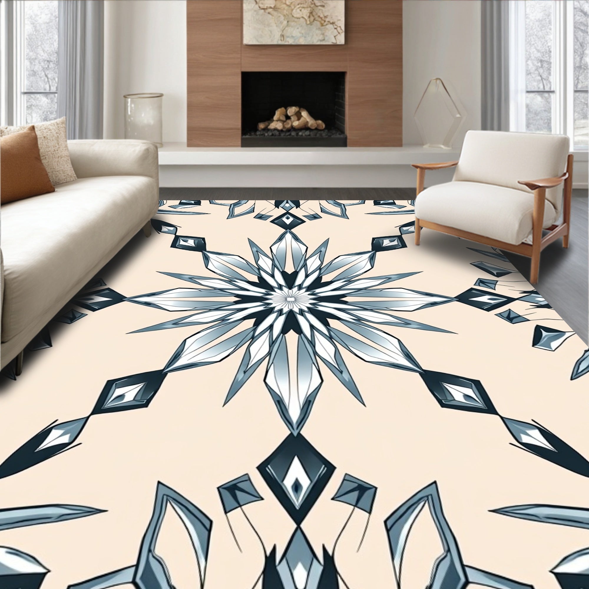 Cool Blue Geometric Crystal Starburst Rug