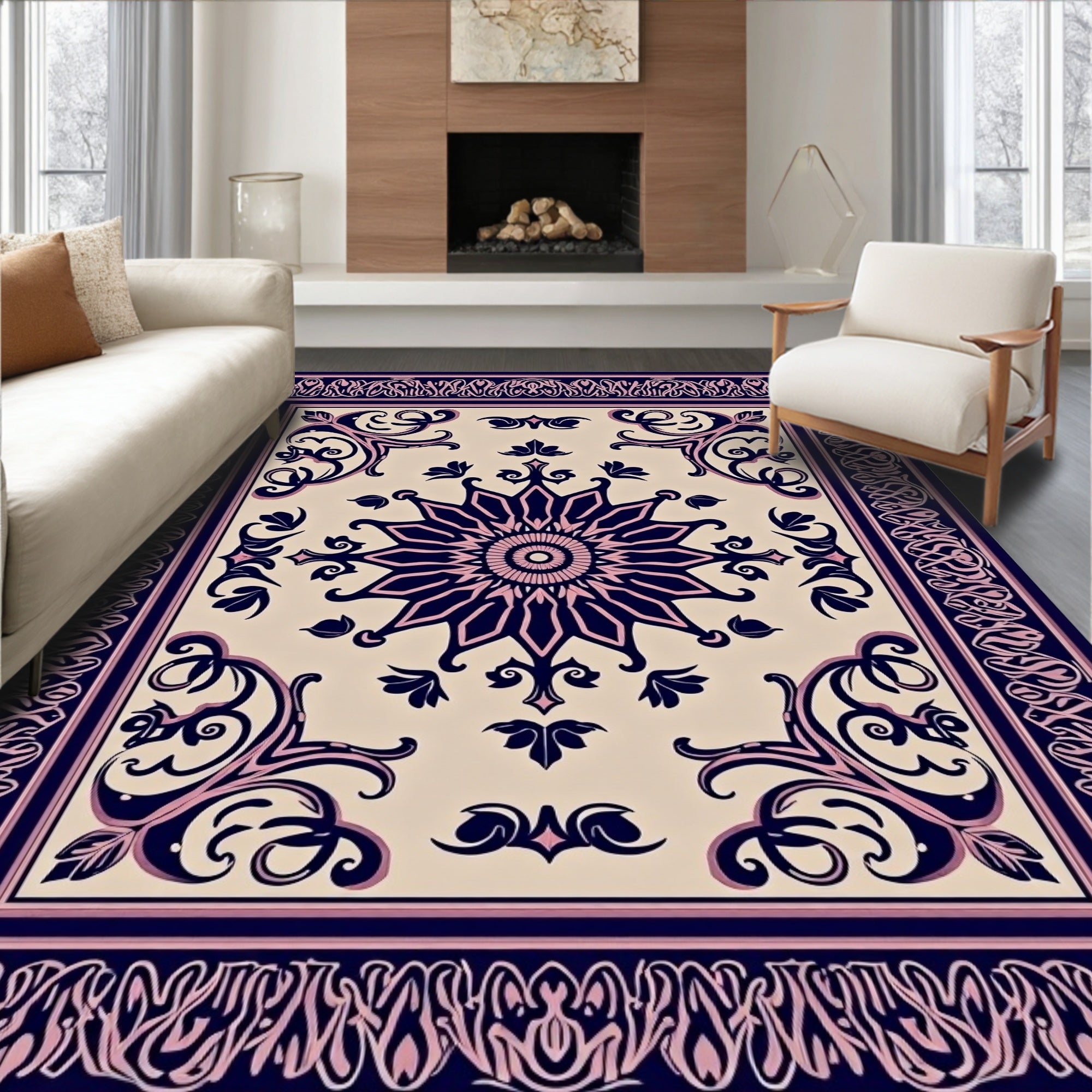 Deep Navy Pink Floral Medallion Border Rug