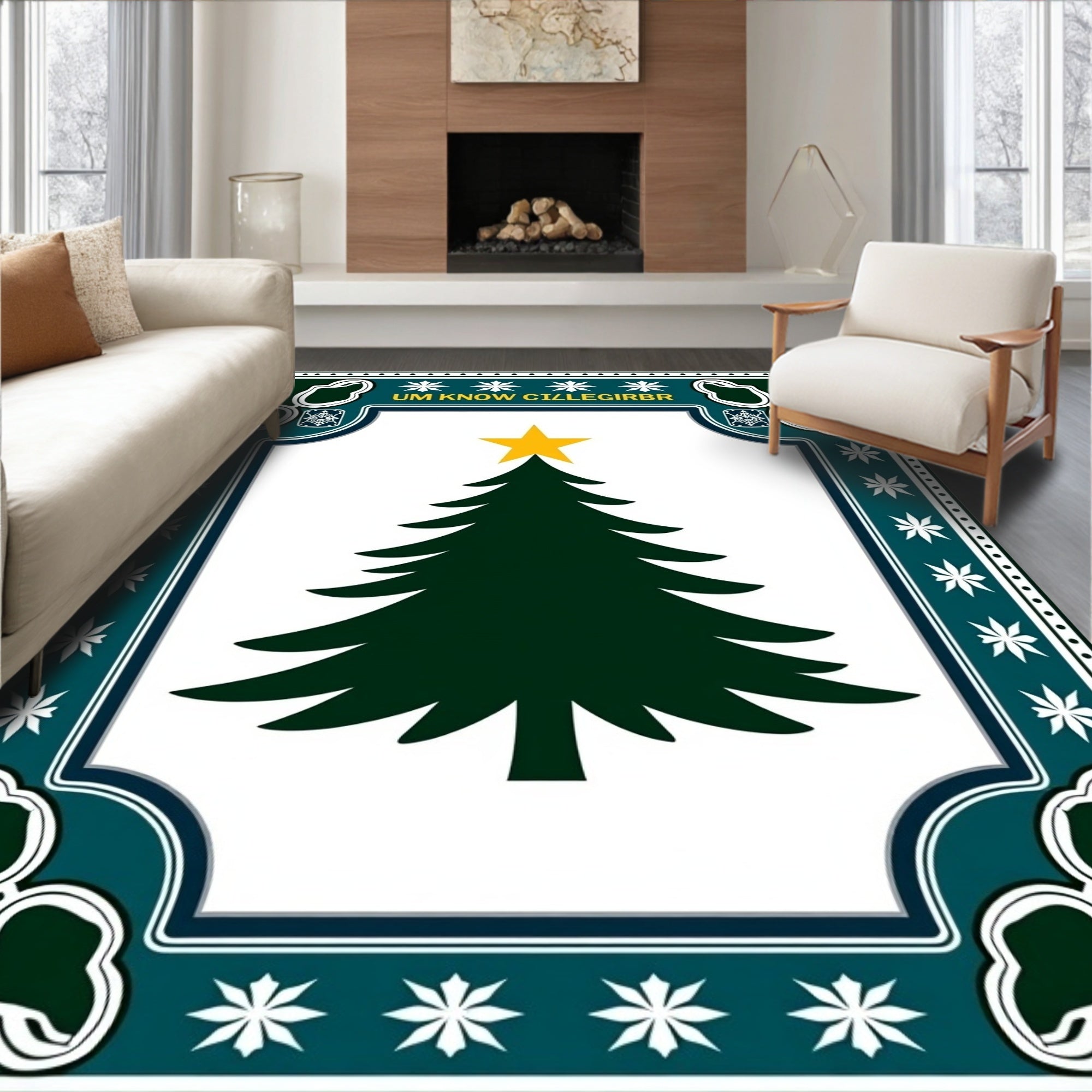 Dark Green Christmas Tree Golden Star Rug