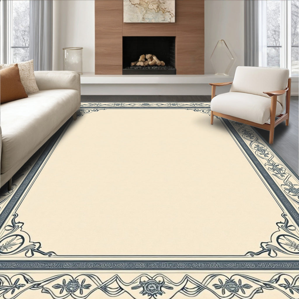 Navy Blue Floral Border Rug