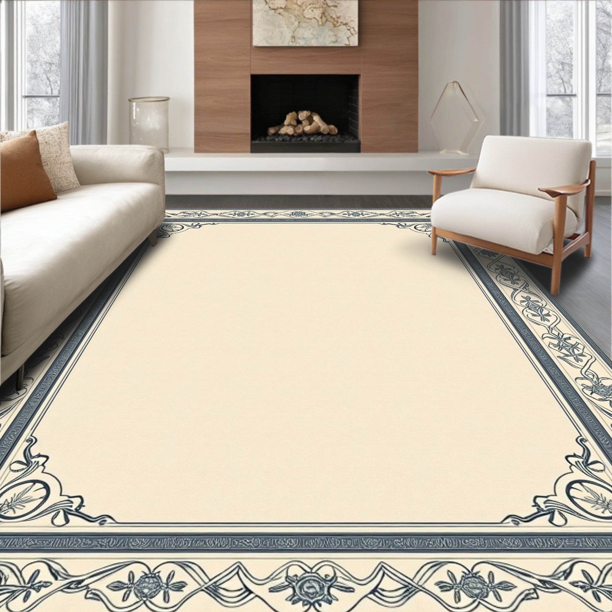 Navy Blue Floral Border Rug
