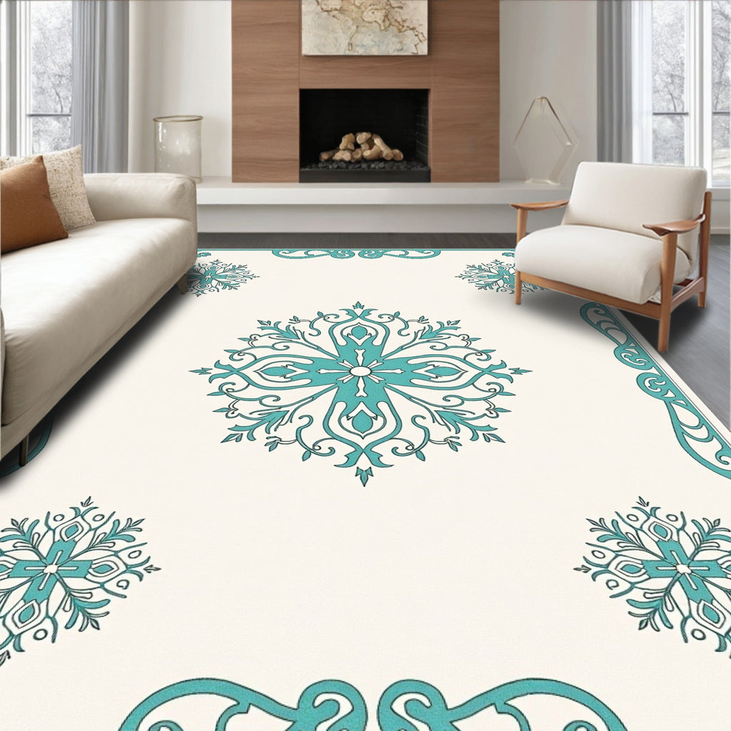 Turquoise Medallion Floral Border Cream Rug