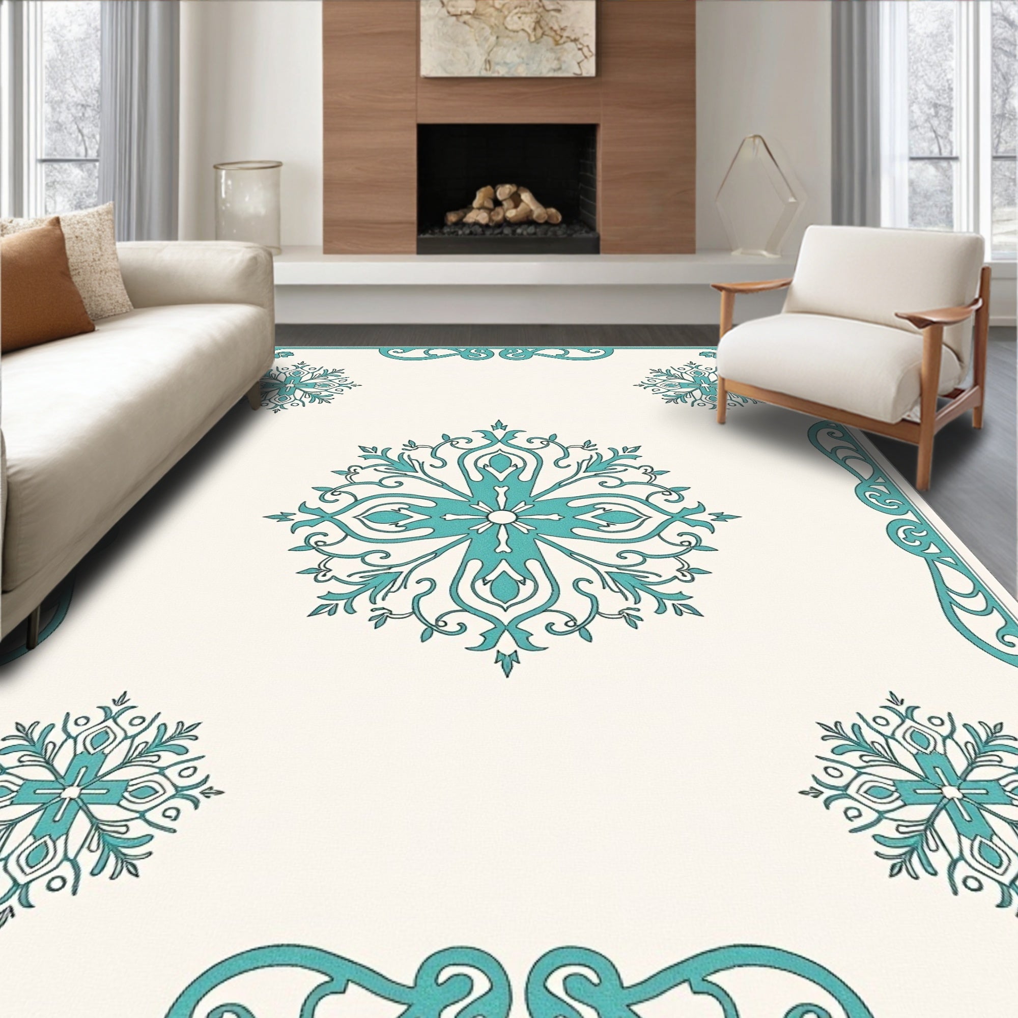 Turquoise Medallion Floral Border Cream Rug