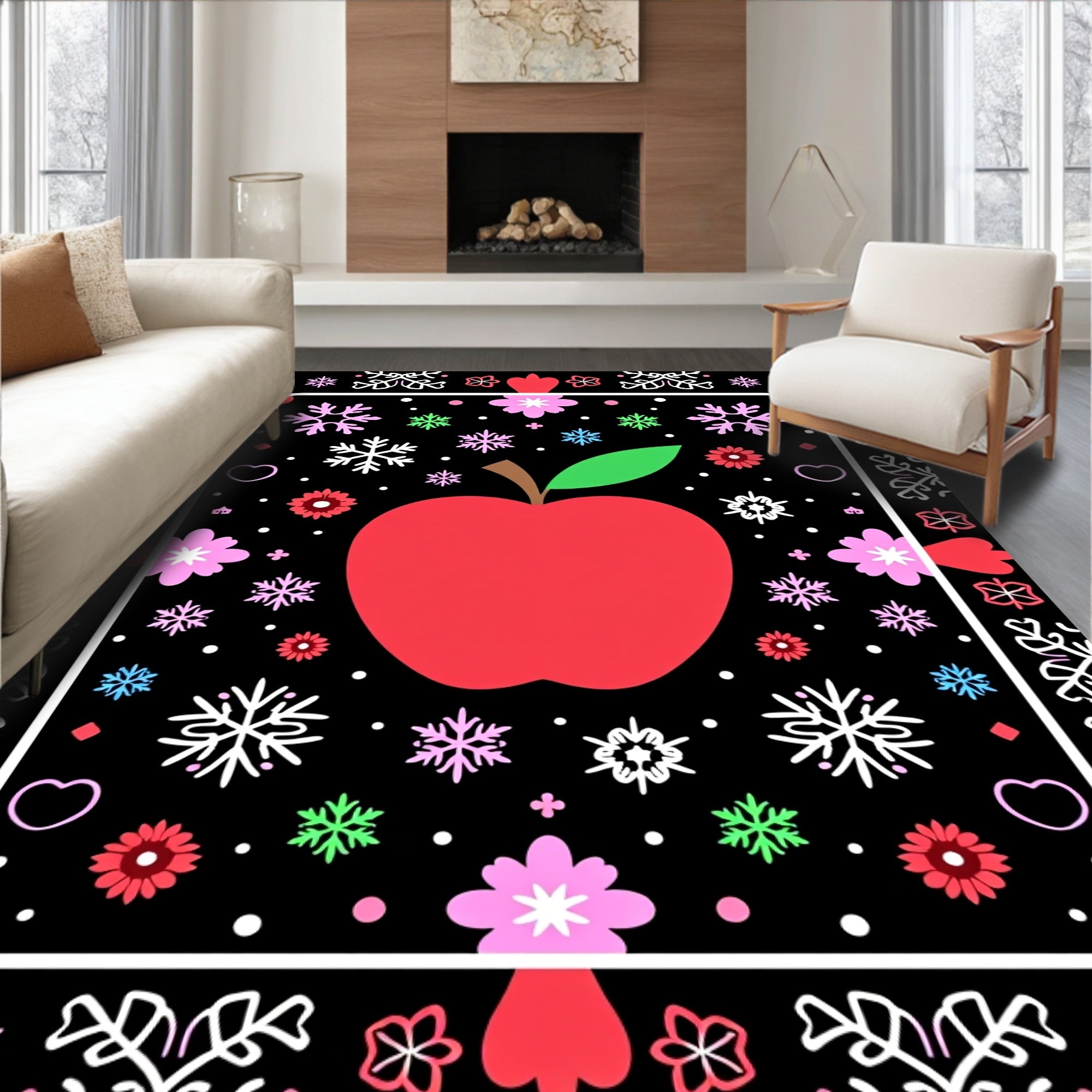 Red Apple Snowflake Floral Border Rug