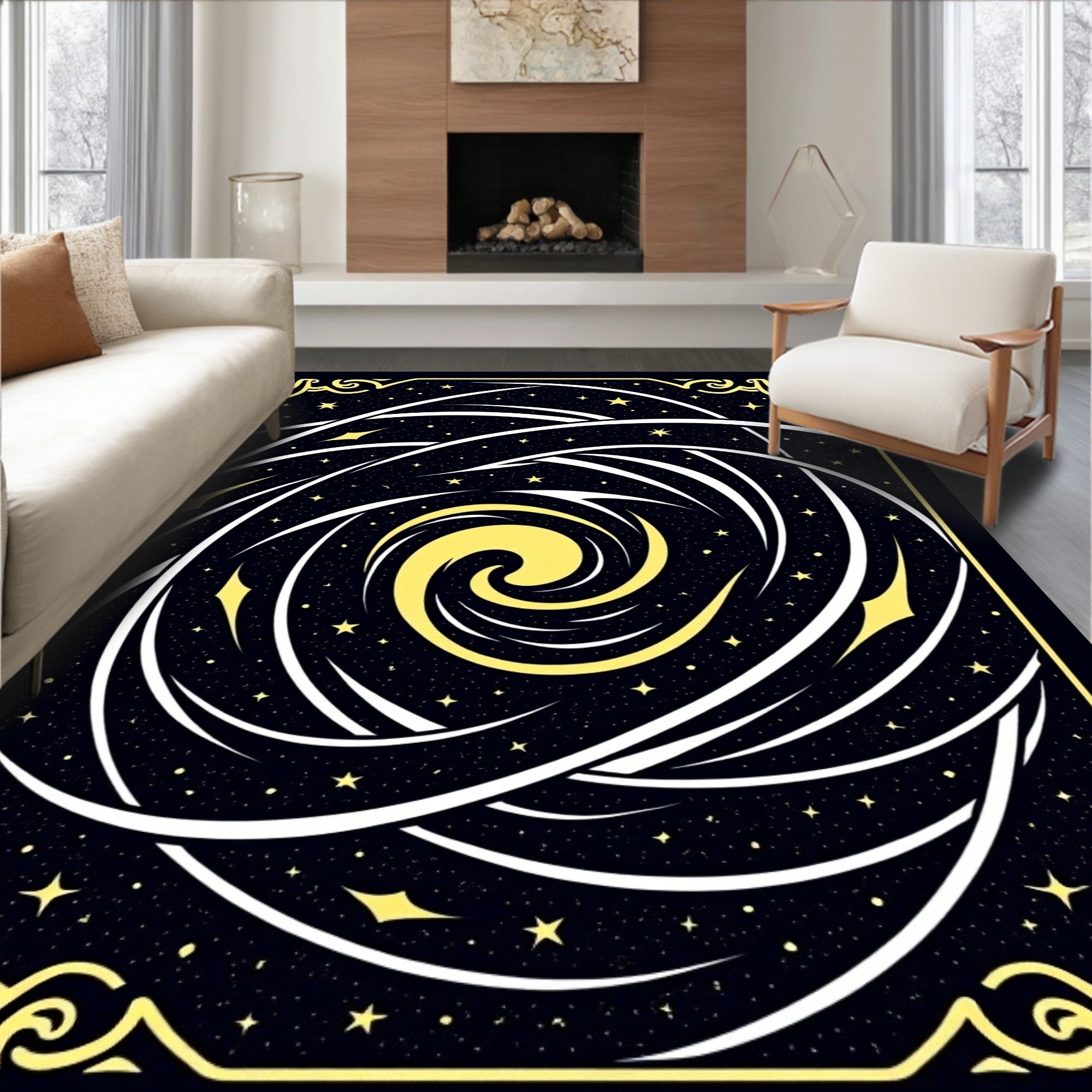 Vibrant Yellow Swirl Cosmic Galaxy Rug