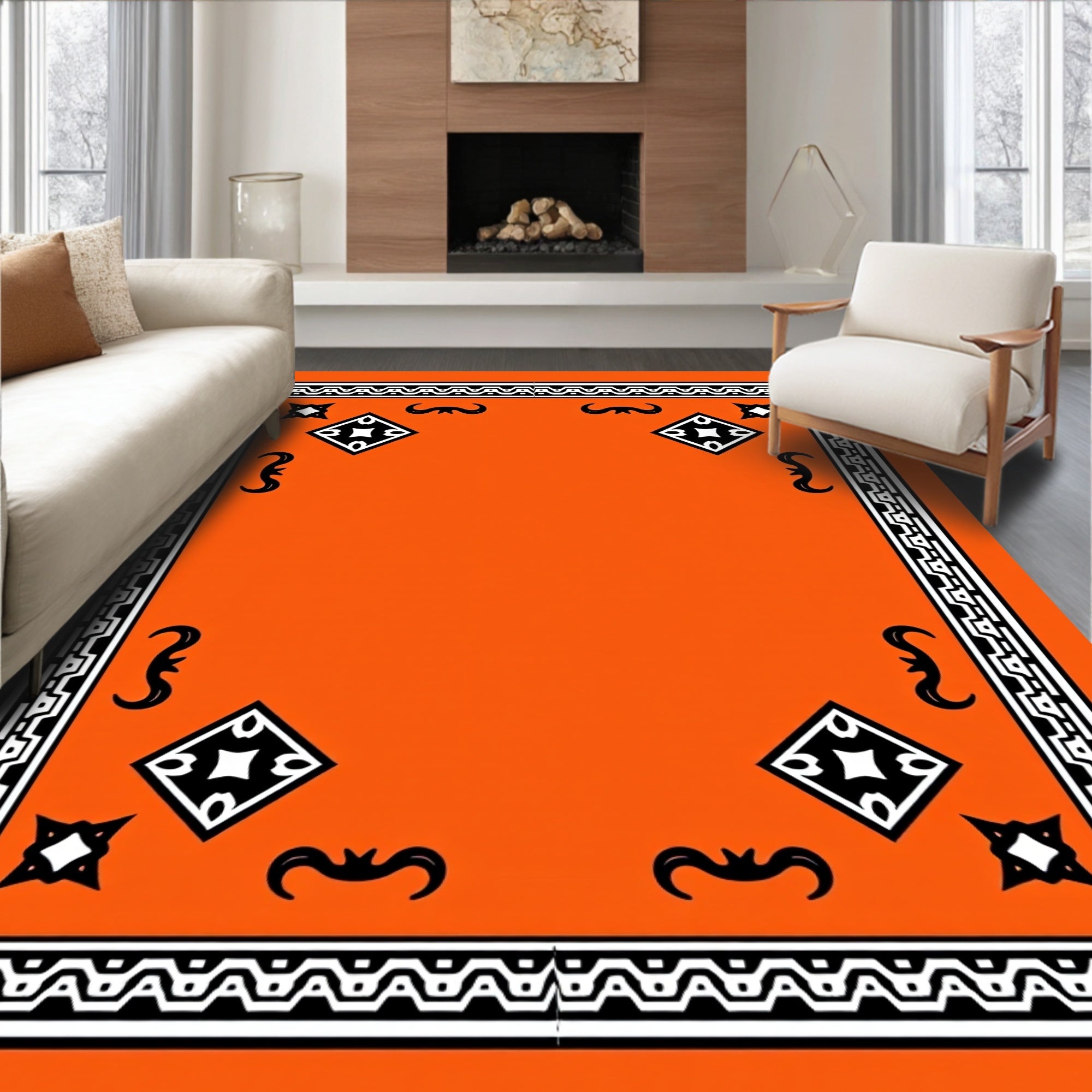 Bold Orange Black White Geometric Rug