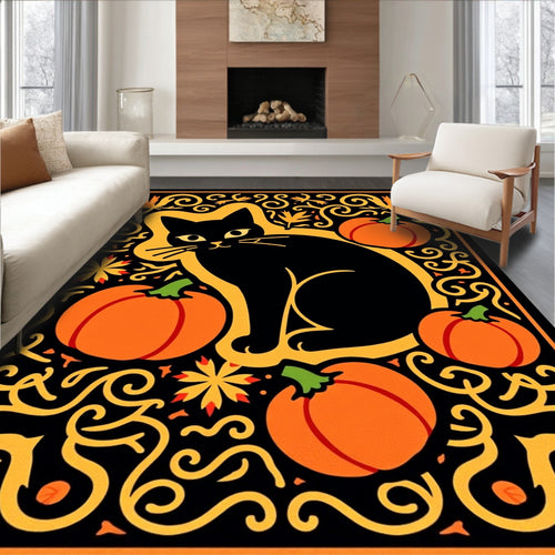 Black Cat Pumpkin Autumn Swirls Rug