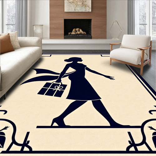 Art Deco Navy Woman Shopping Silhouette Rug