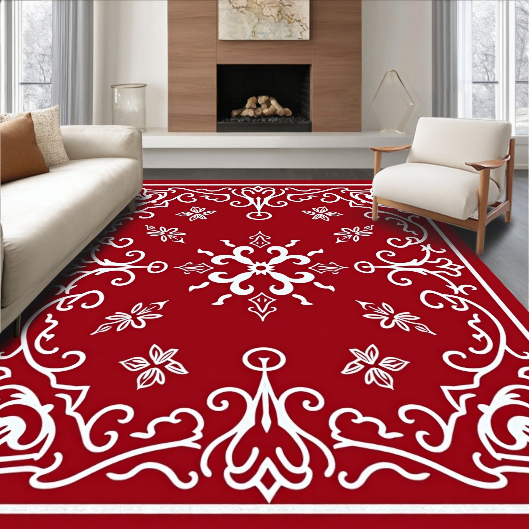 Crimson White Floral Medallion Rug