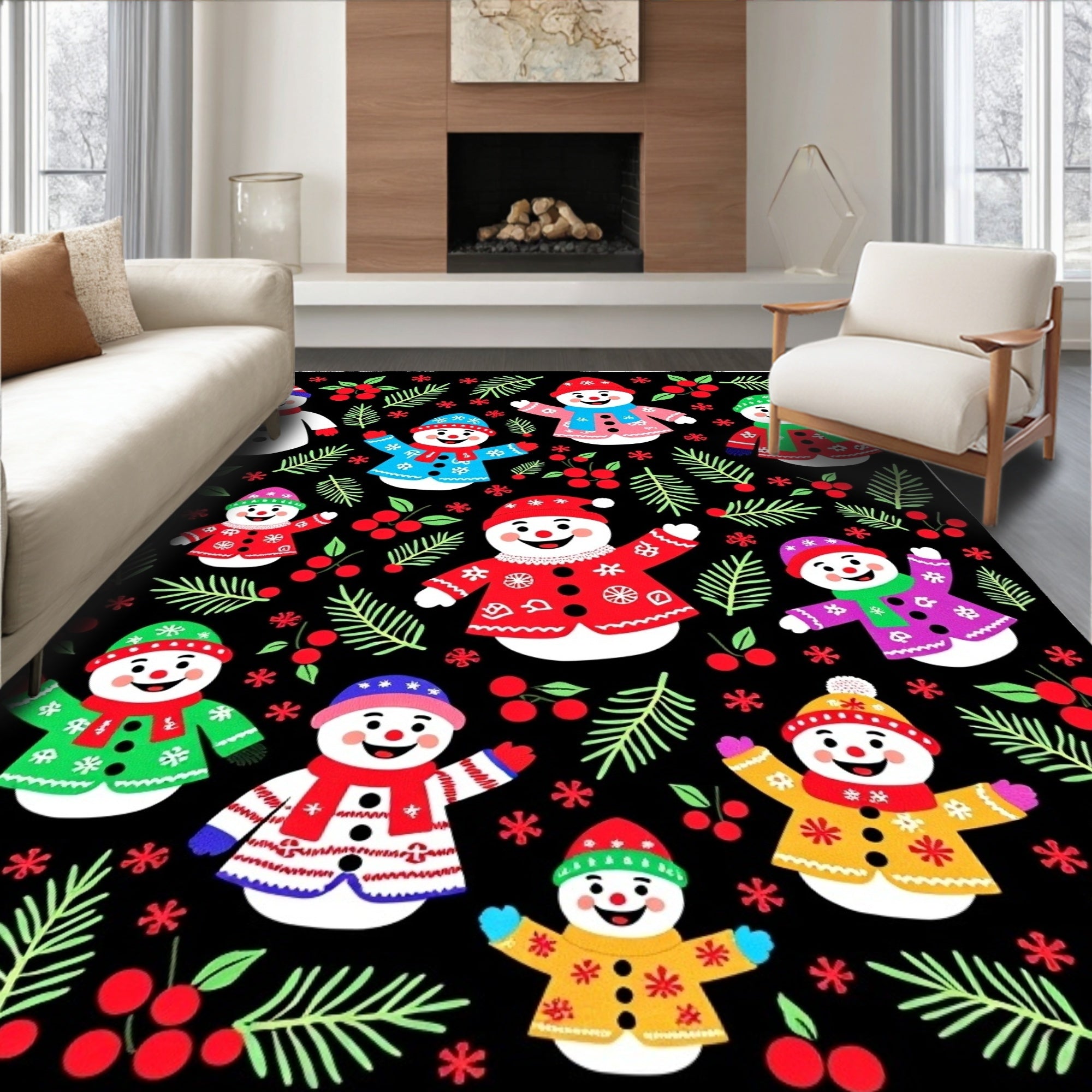 Christmas Snowman Holly Berry Branch Rug