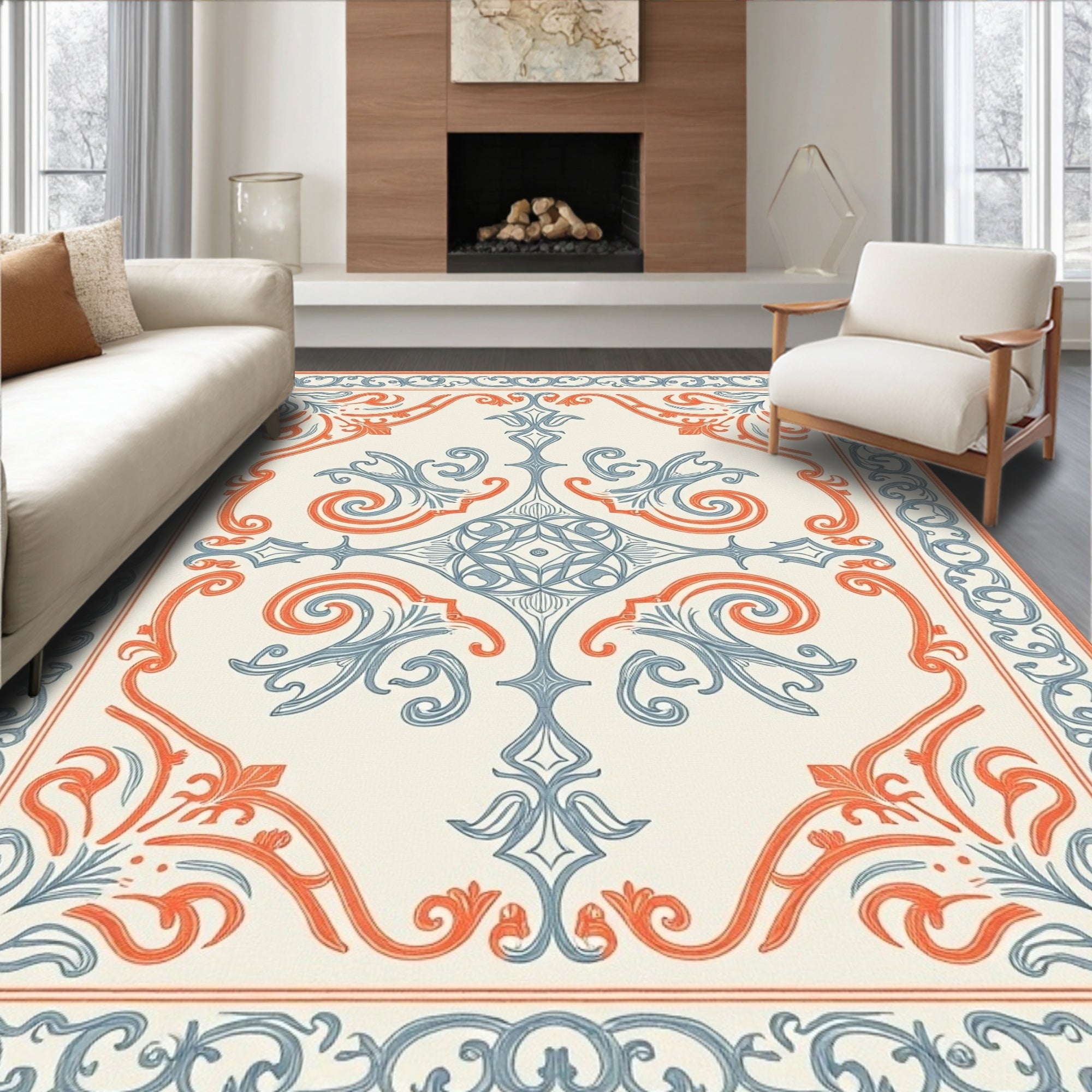 Coral Blue Vintage Scroll Medallion Rug