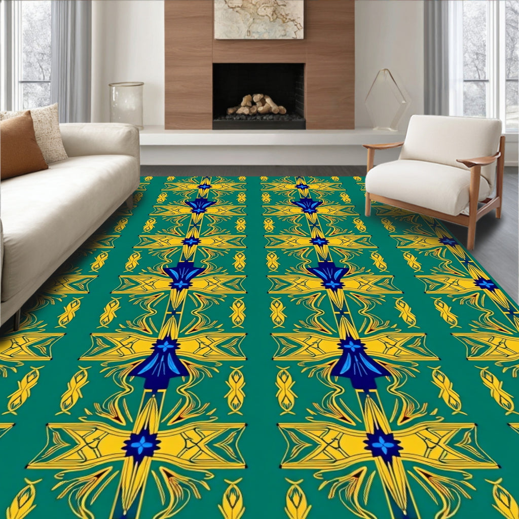 Deep Teal Yellow Blue Floral Symmetry Rug