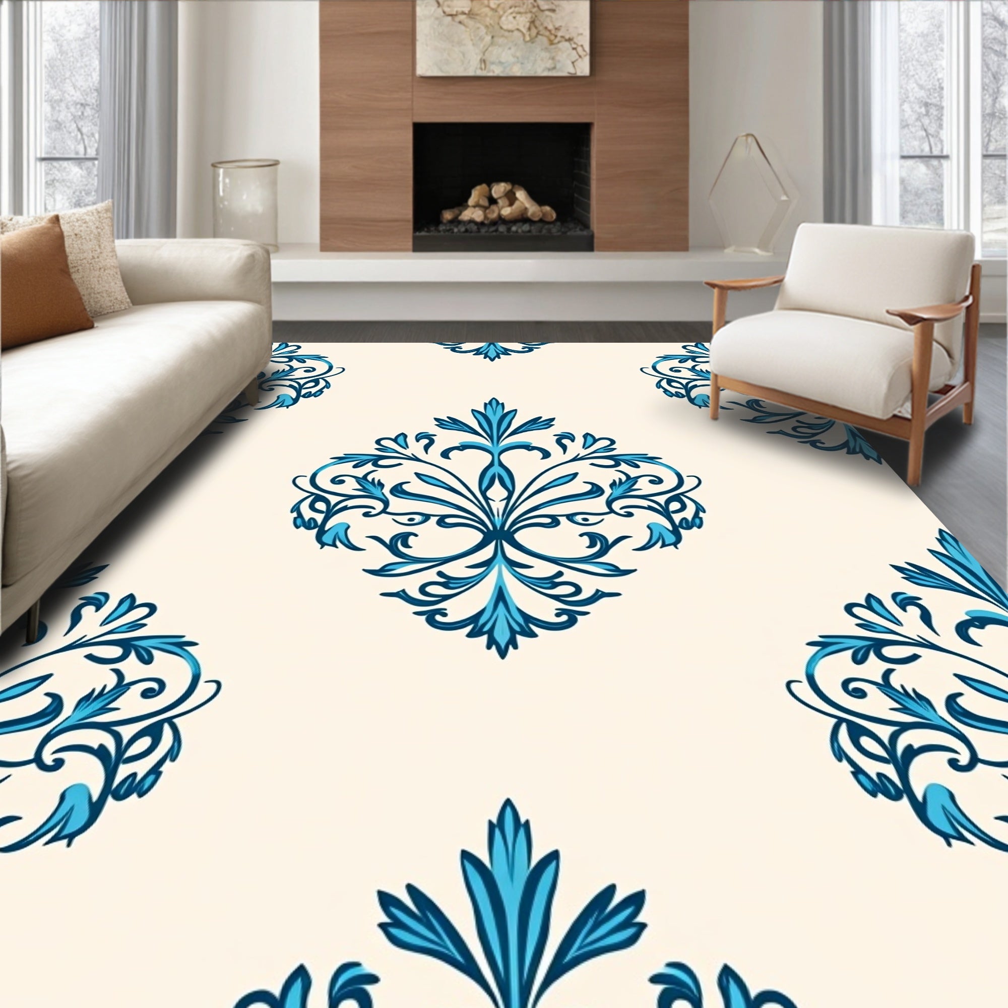 Elegant Teal Damask Scrollwork Rug