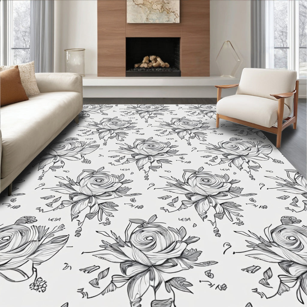 Monochromatic Line Art Rose Bouquet Rug