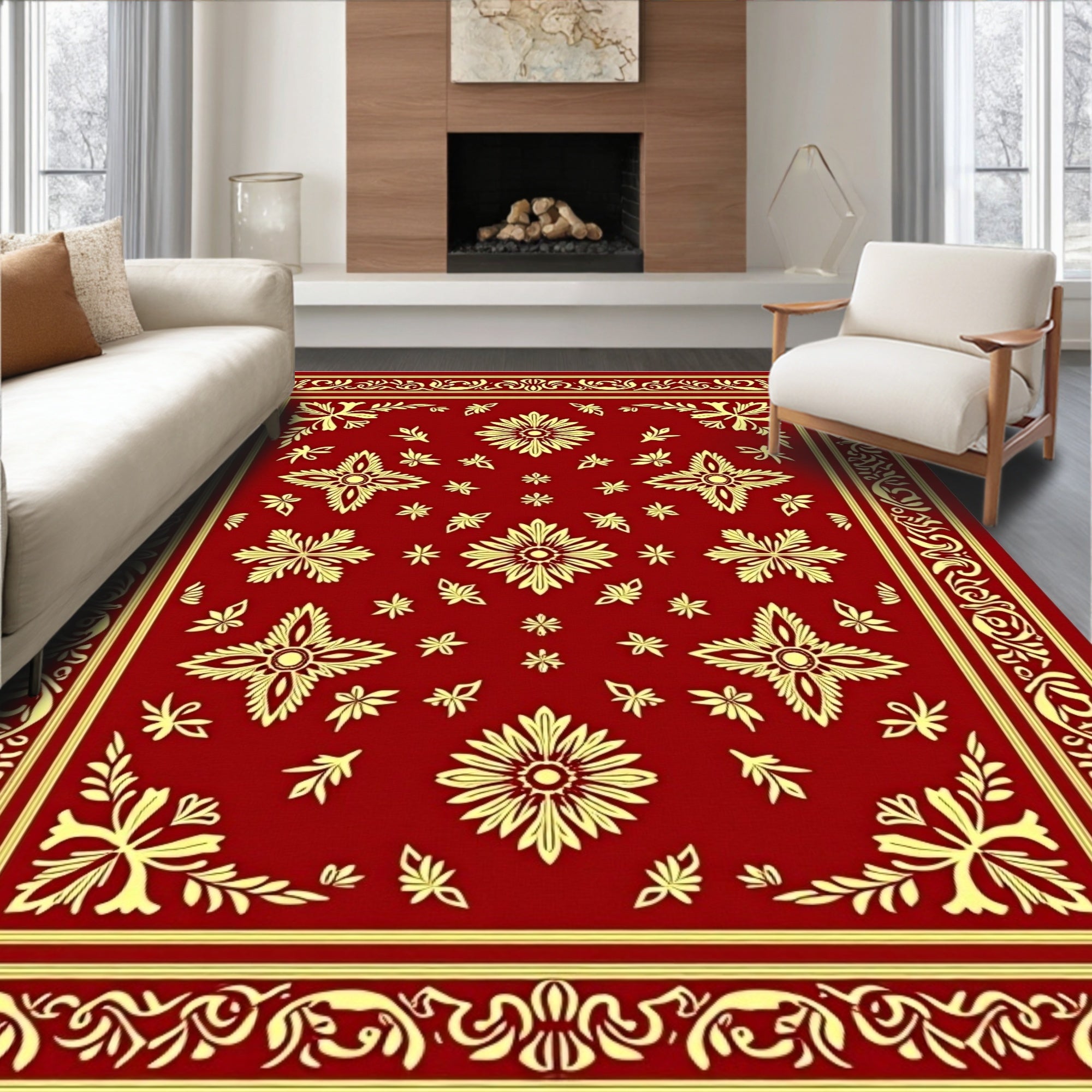 Crimson Gold Floral Medallion Rectangular Rug