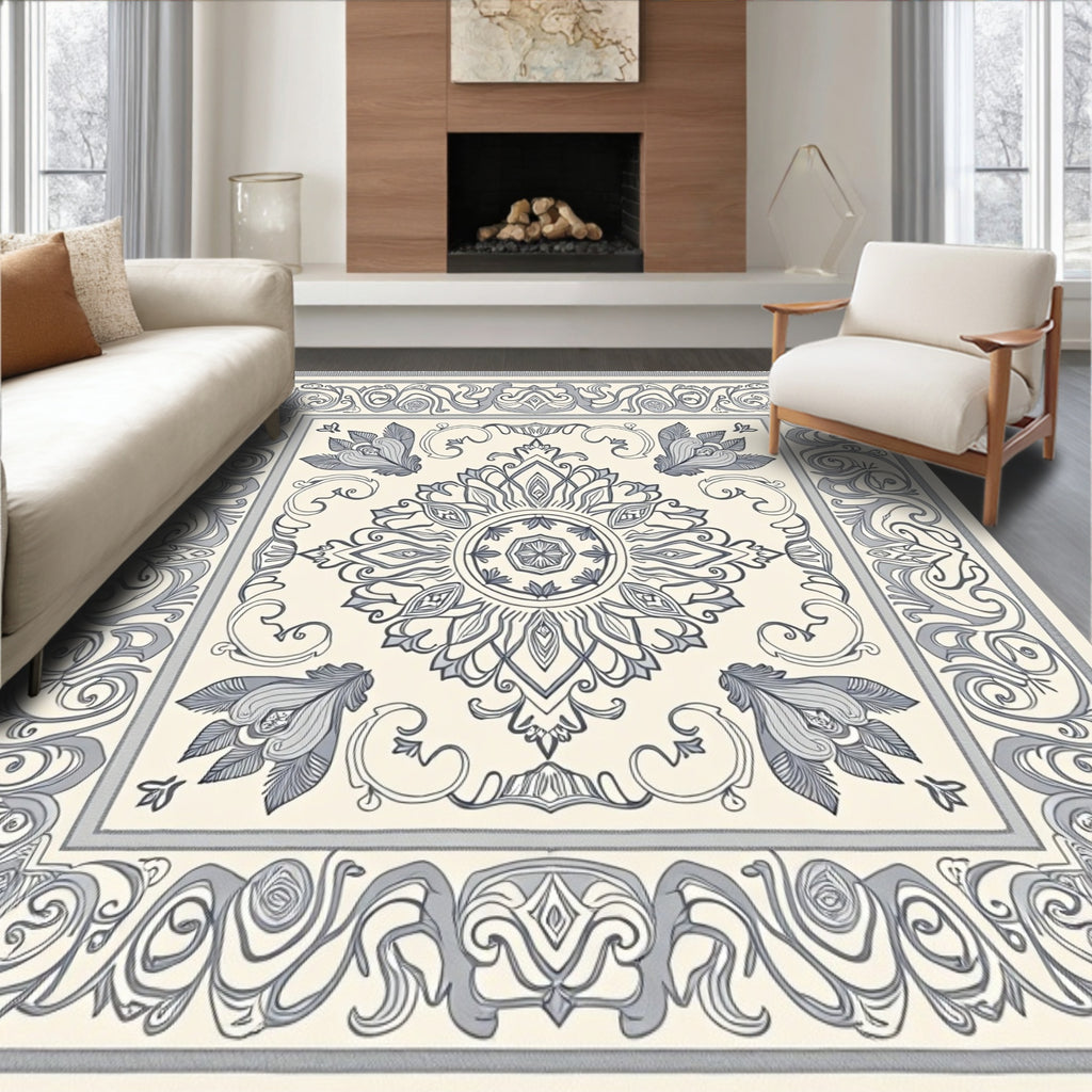 Cream and Slate Mandala Floral Border Rug