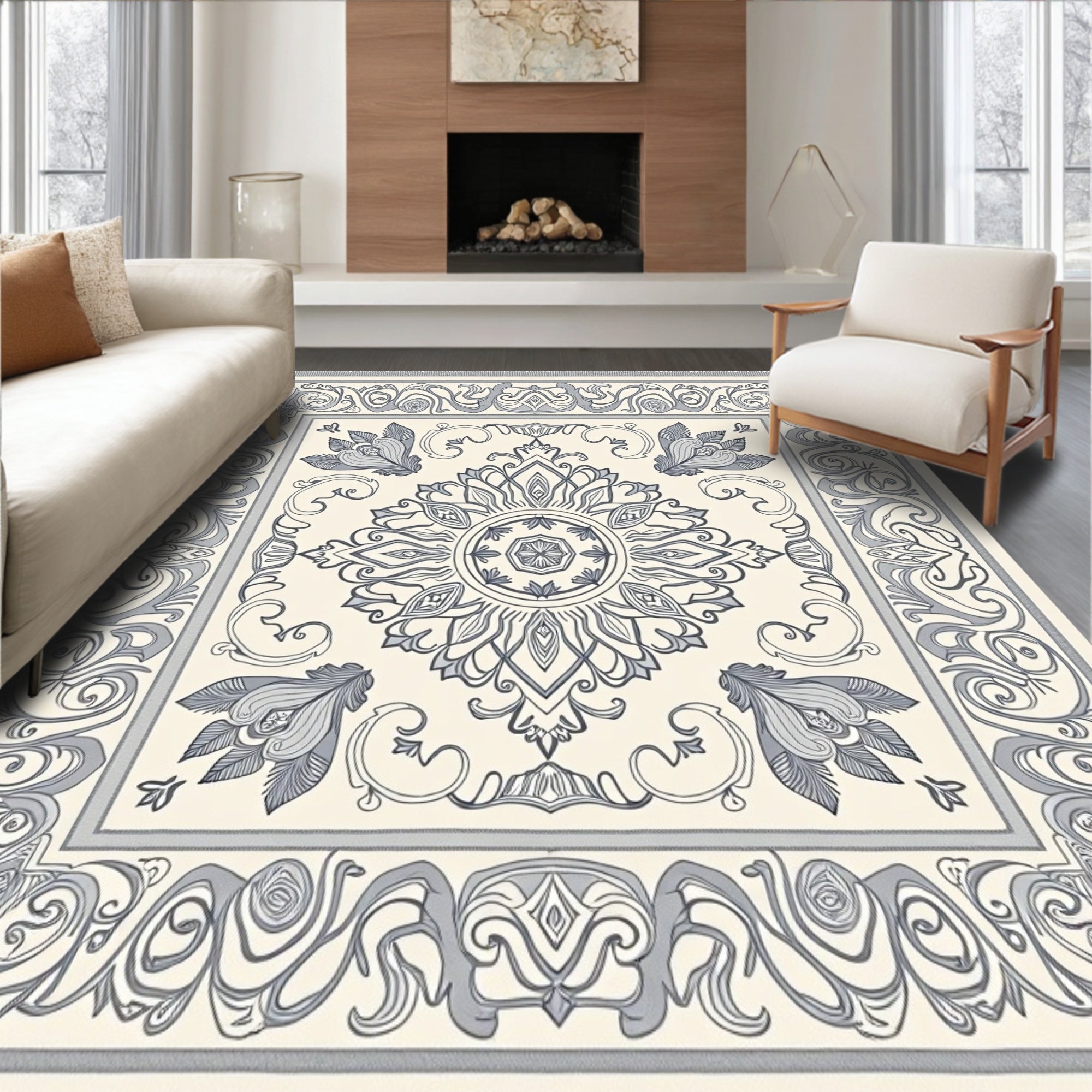 Cream and Slate Mandala Floral Border Rug