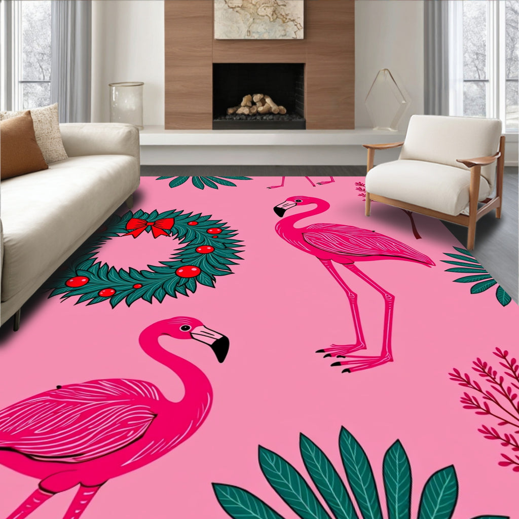 Pink Flamingo Wreath Tropical Foliage Rug