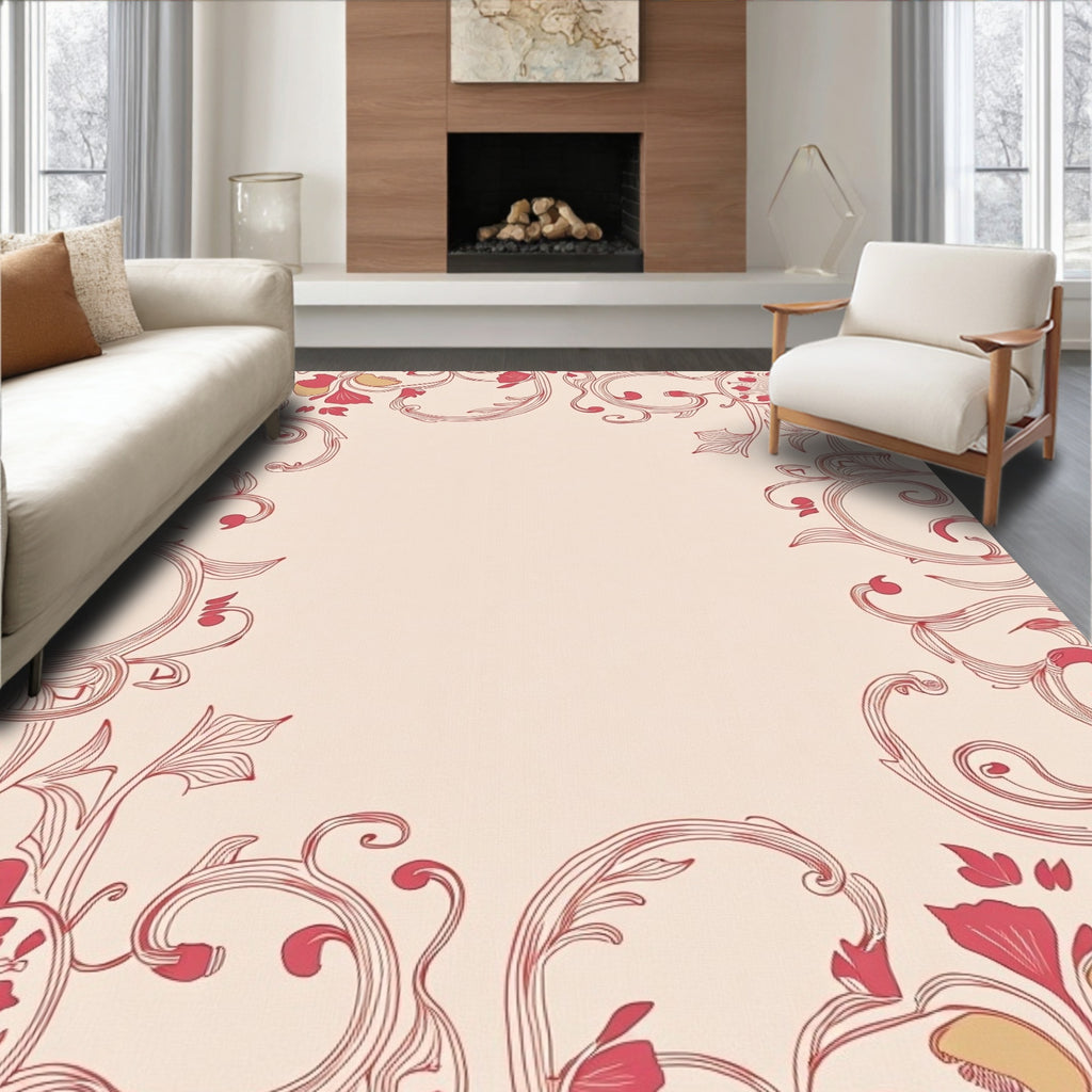 Crimson Floral Scrollwork Meadow Rug