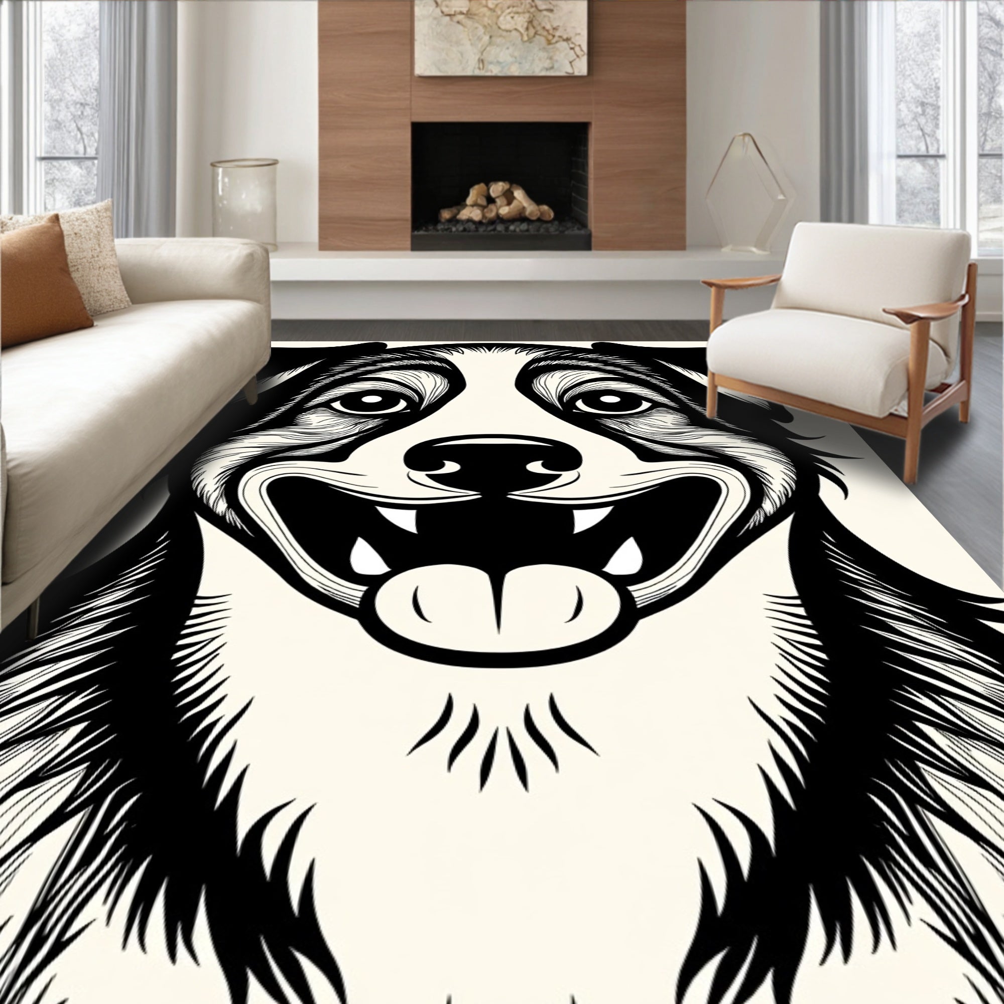 Happy Black White Dog Face Art Rug