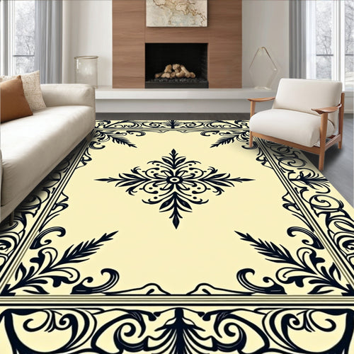 Black Floral Scroll Border Creme Rug