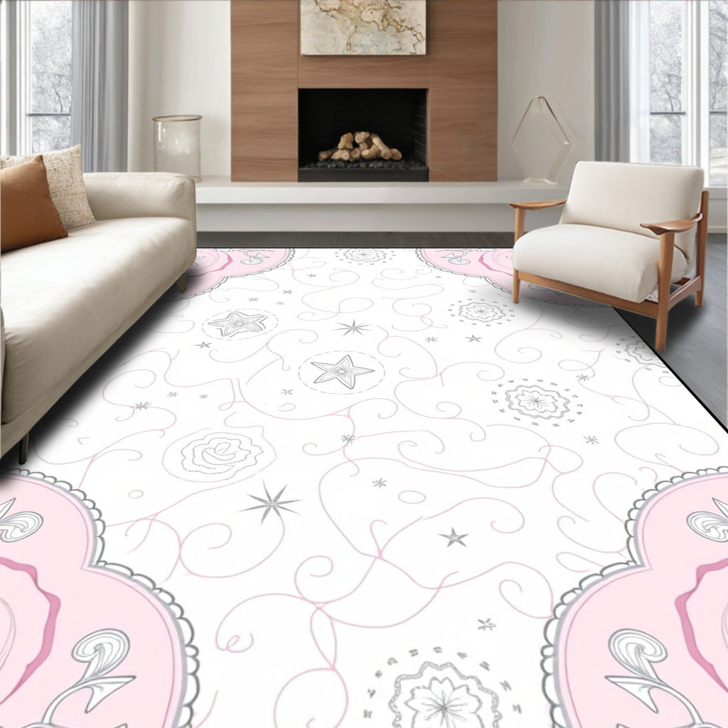Dainty Pink Starburst Floral Scroll Rug