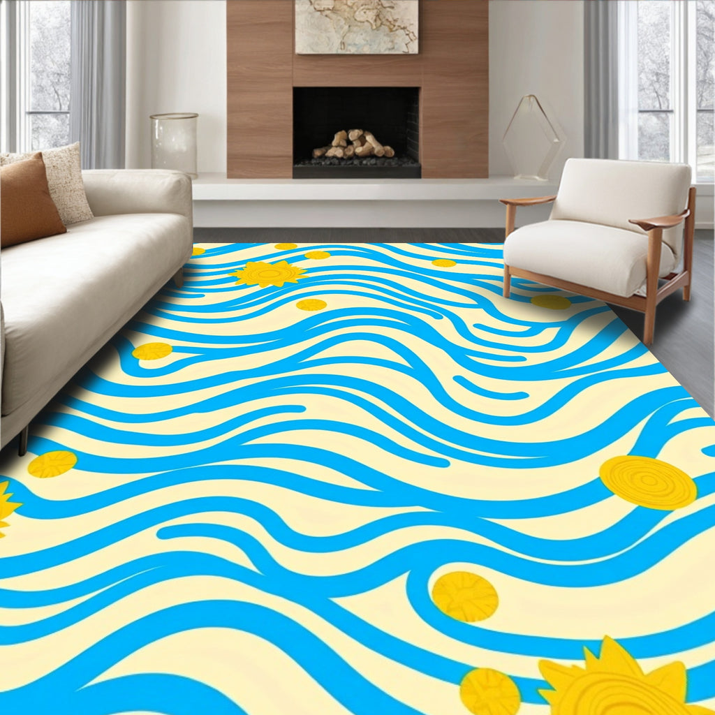 Blue Wave Yellow Sunburst Rug