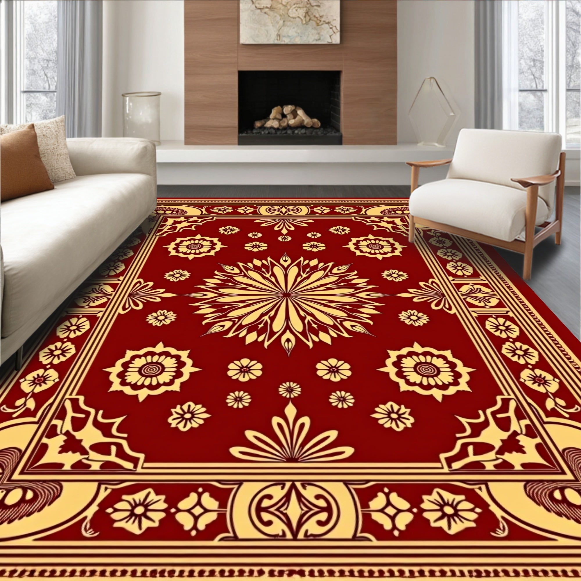 Rich Crimson Golden Floral Medallion Rug