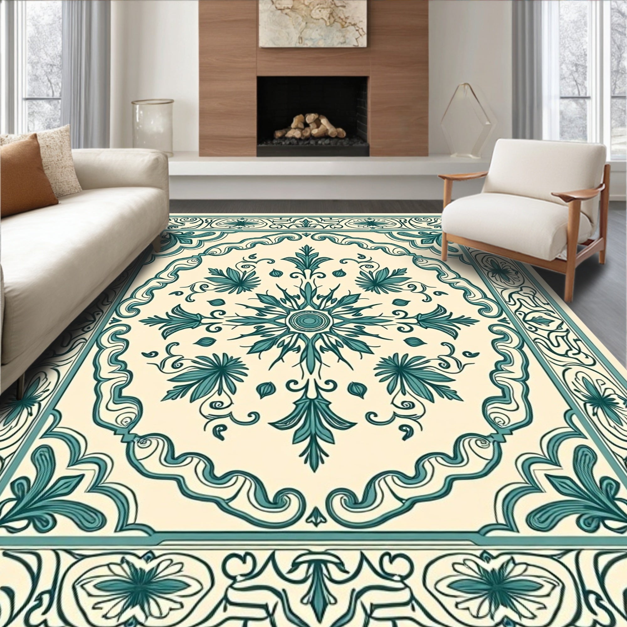 Teal Cream Vintage Floral Medallion Rug