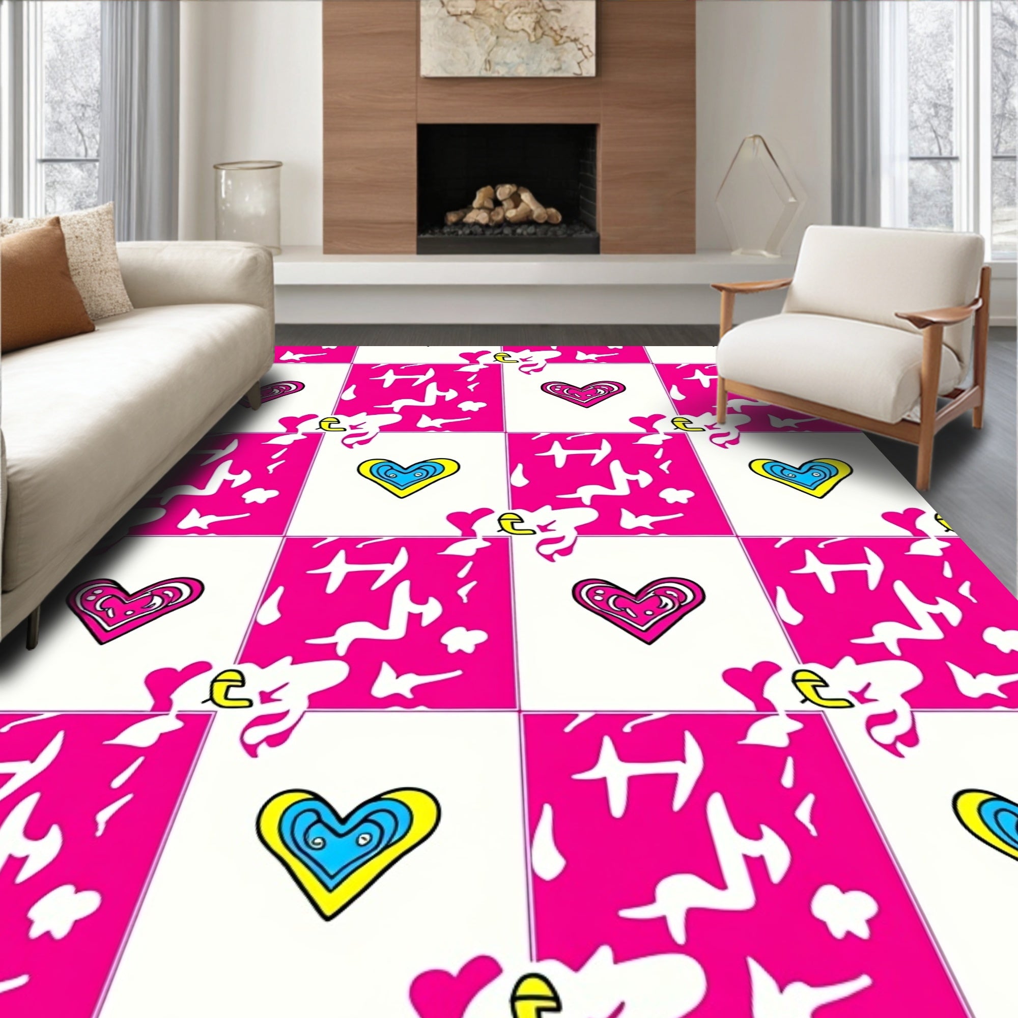 Vibrant Pink Blue Yellow Heart Checkered Rug