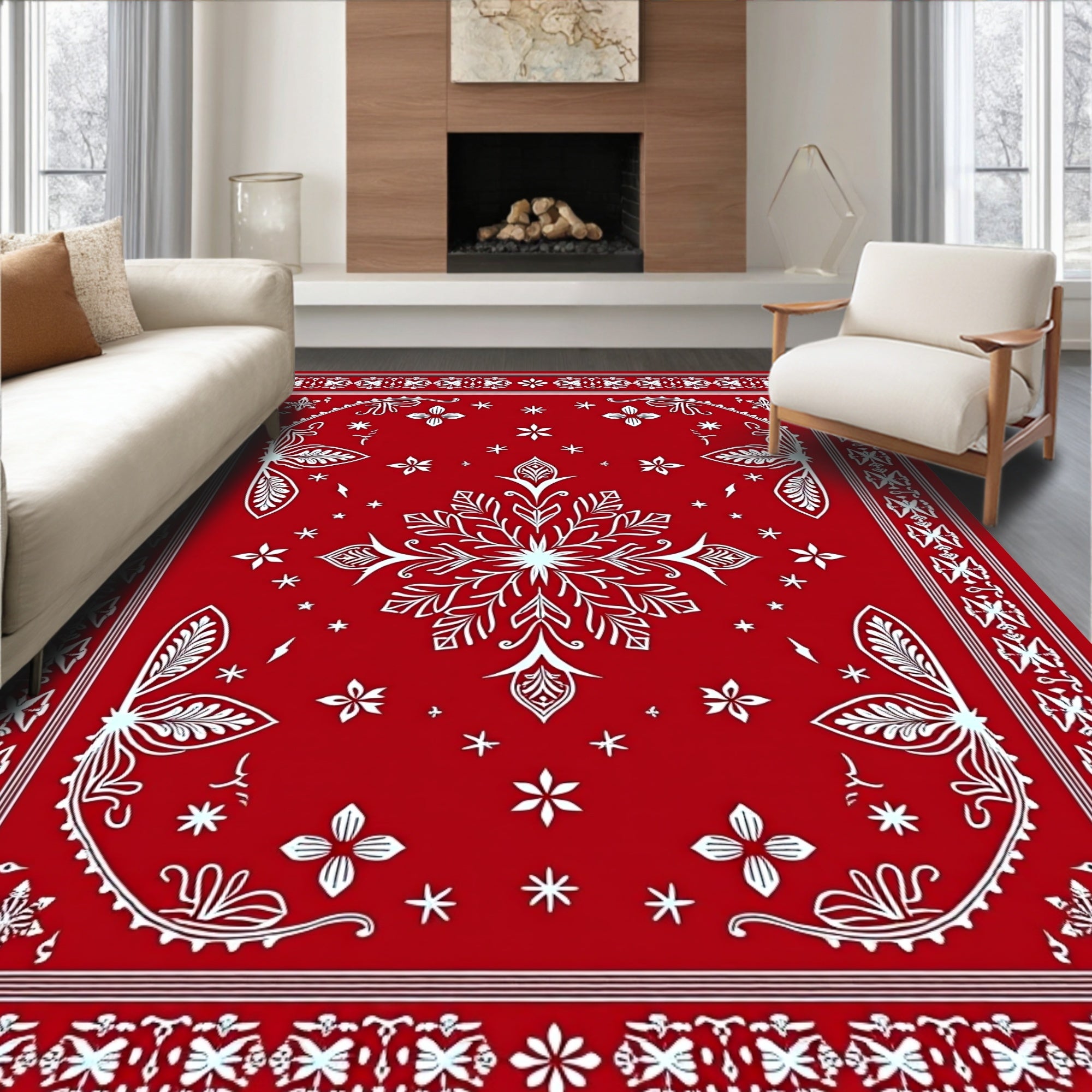 Vibrant Red Snowflake Medallion Rug