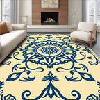 Navy Blue Cream Medallion Scroll Rug